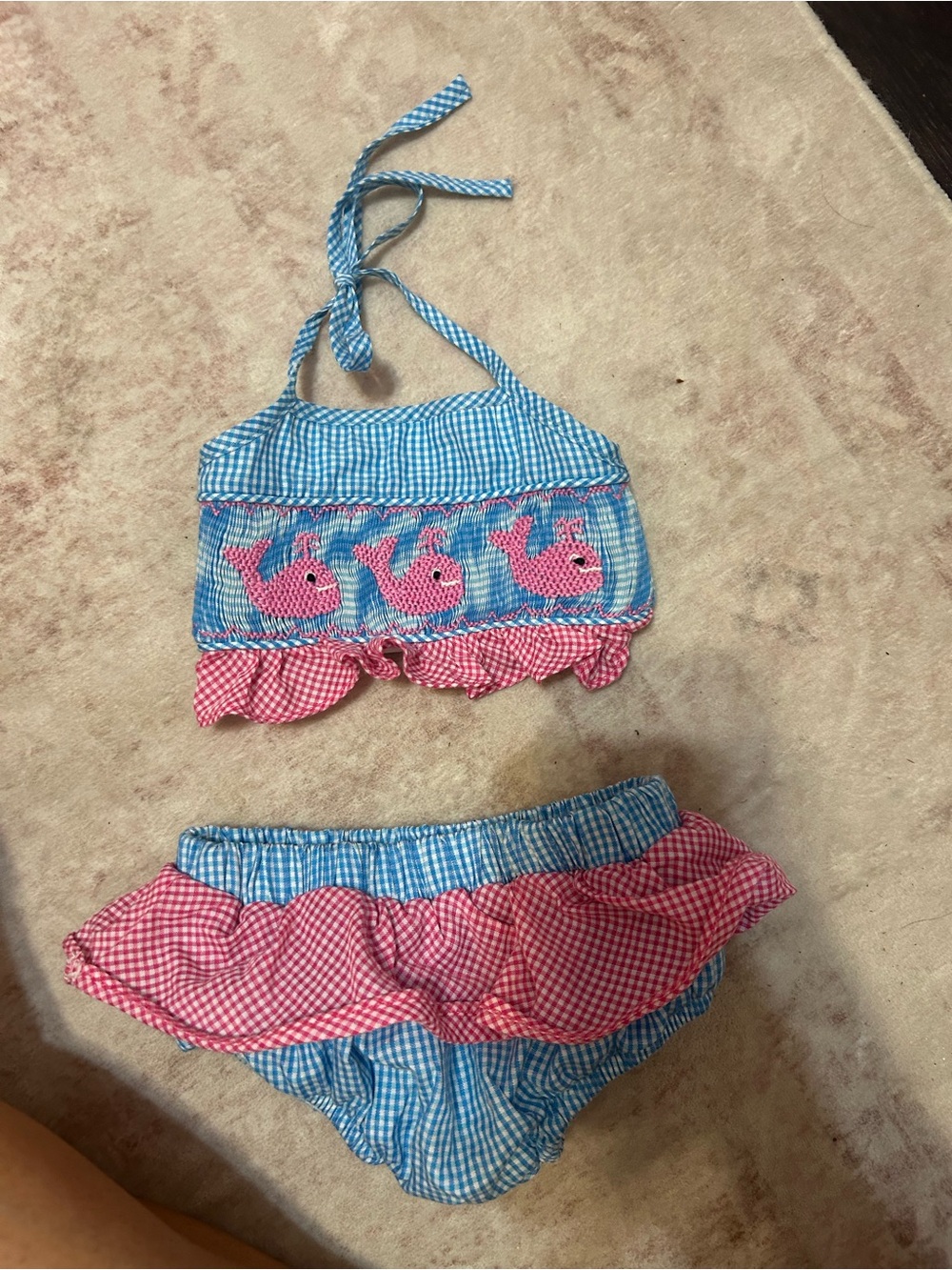 Smocked or Not Blue Gingham Baby Bikini Set with Pink Accent